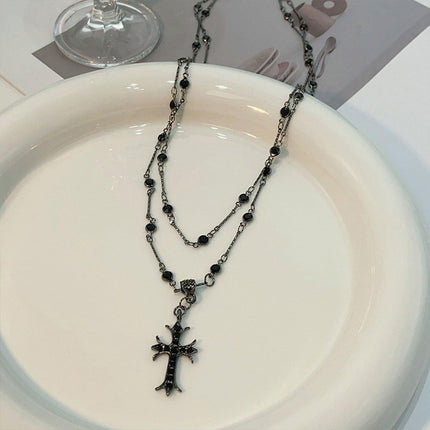 Women Fashion Double Layer Cross Pendant Necklace Retro Casual Sweater Chain