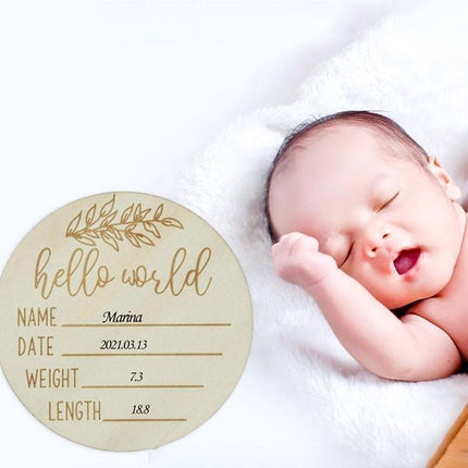 Hello World Baby Birth Announcement Plaque Wooden Disc Introducing Name Card - Aimall