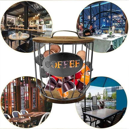 Iron Wood Coffee Capsule Storage Basket Decor Organizer for Kitchen Living Room