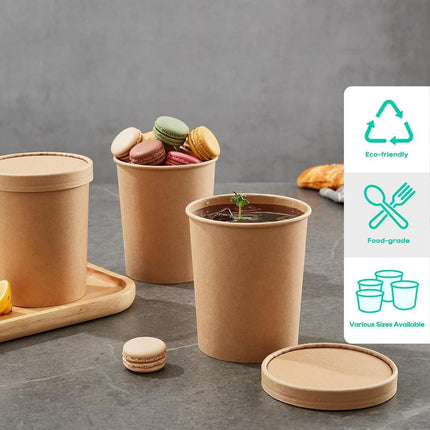 250x Biodegradable Kraft Paper Soup Bucket with Lid Takeaway Tubs Cups - Aimall