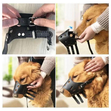 Adjustable Leather Pet Dog Mask Mouth Muzzle Anti Barking Bite Stop Chewing Black - Aimall