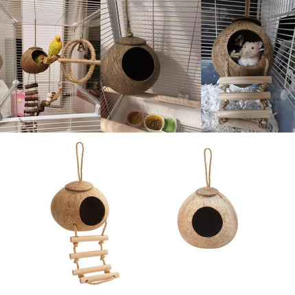 Natural Coconut Bird Nest Cage Pet Parrot Parakeet Safe Hut Feeder Shell Home - Aimall