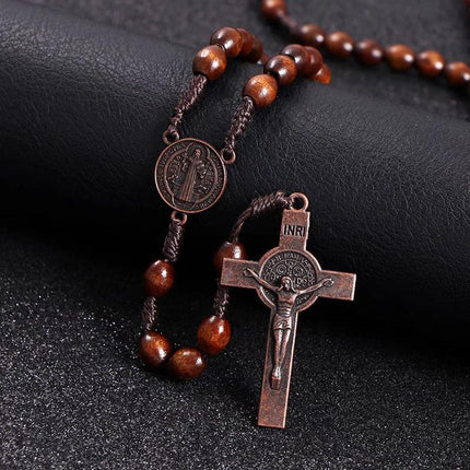 1PC Wooden Rosary Beads Necklace Christian Cross Catholic Rosary Beads - Aimall