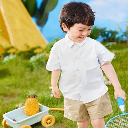 Boys Children's Kids White Short Sleeve School Shirt Open Neck With Lay Back Collar - Aimall