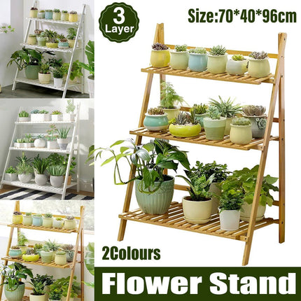 Balcony Plant Stand 3-Layer Wooden Flower Pot Corner Stand White Log Foldable - Aimall