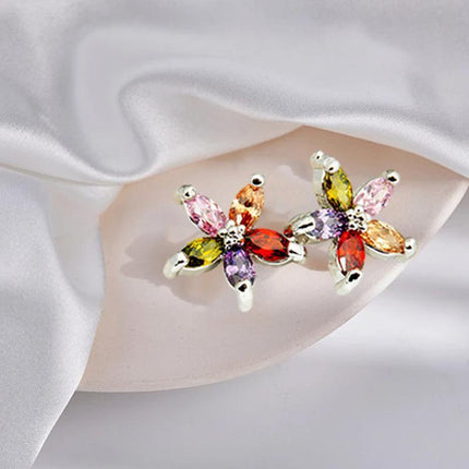 Colourful Petal Zircon Earrings Silver Ladies Wedding Party Christmas Gift - Aimall