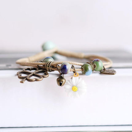 Flower Pendant Waxed Thread Rope Ceramic Beaded Wristband Bracelet Birthday Gift - Aimall