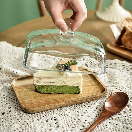 Wooden Square Cake Tray Dessert Tea Tray with Glass Cover Snack Patisserie Plate