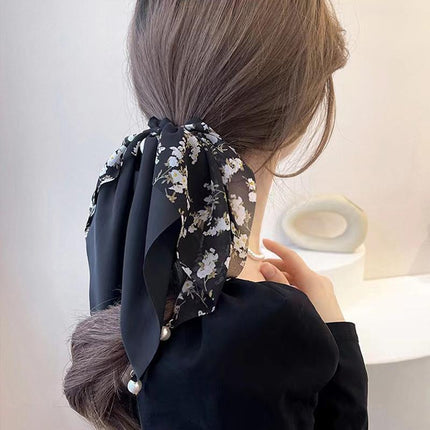 Vintage Boho Silk Bowknot Flower Hair Scrunchies Women Hair Bands Rope Pearl - Aimall