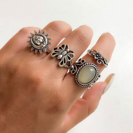 4pcs Butterfly Gem Ring Set Retro Sun Relief Rings Women Fashion Jewelry