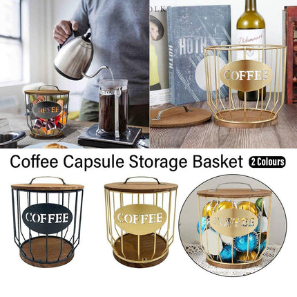 Iron Wood Coffee Capsule Storage Basket Decor Organizer for Kitchen Living Room