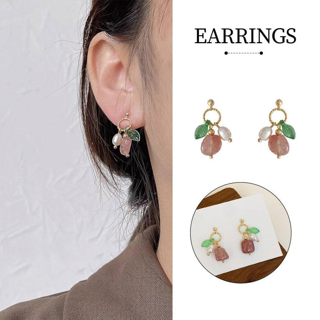 Unique Geometric Strawberry Crystal Green Leaf Earrings with Imitation Pearls