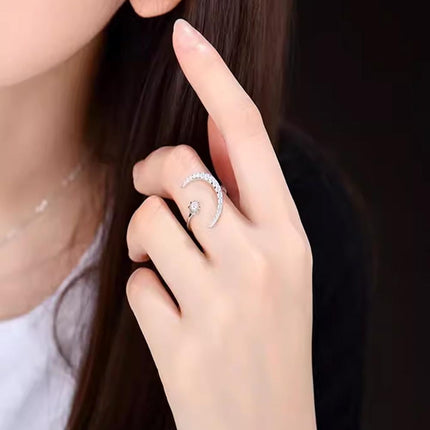 Alloy Star Moon Opening Rings Rhinestone Crescent Couple Ring Women - Aimall