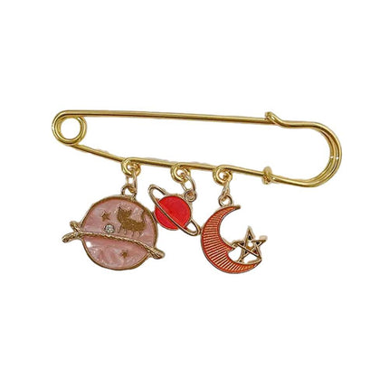 Cartoon Metal Brooch Cute Cat Swinging With Planet Moon Pendant Brooch Pin - Aimall