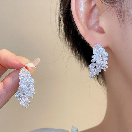 Zircon Leaves Earrings Before After Wear Design Fashion Jewellery Women