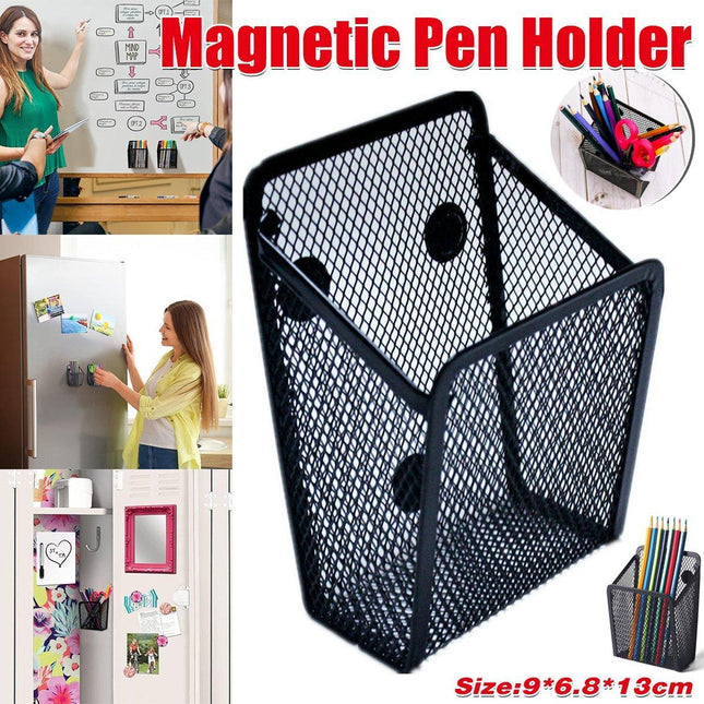 Metal Iron Mesh Pen Holder Magnetic Square Office Desk Storage Organizer Box