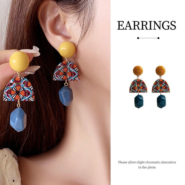 Vintage Yellow and Blue Clashing Earrings Irregular Geometric Style Jewelry