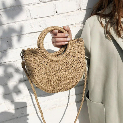 Half Round Woven Beach Bag Holiday Handbag Summer Tote for Travel and Shopping