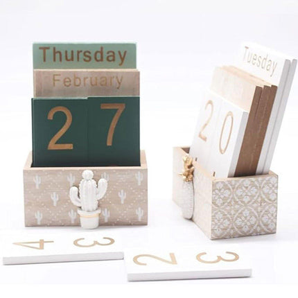 Rustic Wooden Perpetual Desk Calendar DIY Block Calendar Office Desktop Decor