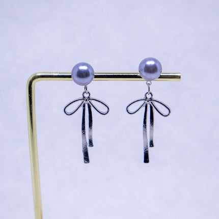 Grey Pearl Ribbon Long Tassel Earrings Elegant Fashion Jewelry for Women Gift