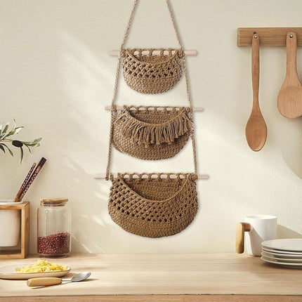 Three Layer Cotton Rope Wall Hanging Basket Door Storage Rack Organizer Bag