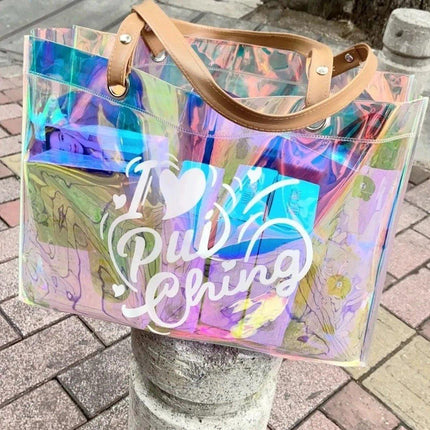 2PCS Transparent PVC Tote Bag Hologram Jelly Cosmetic GiftBag Iridescent Handbag