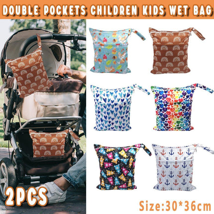 2PCS Cartoon Printed Diaper Bag Double Zipper Washable Storage Organizer