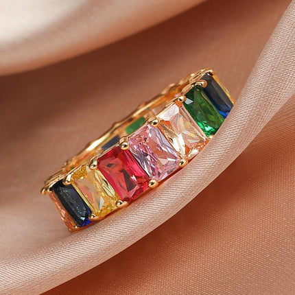 Rainbow Zircon Gemstone Ring Women's Stainless Steel Colourful Ring Size 6-10 - Aimall