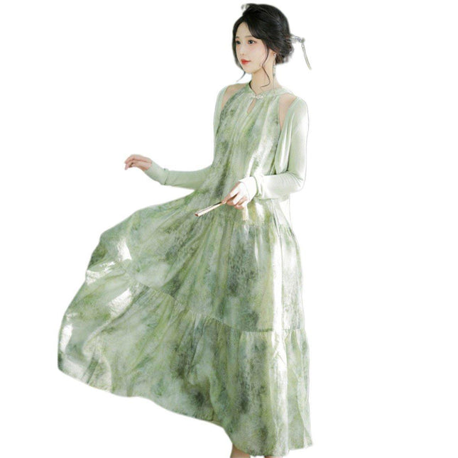 Women Chinese Style Green Halter Neck Long Dress Elegant Evening Gown