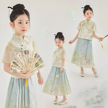 New Chinese Style Girls Short-Sleeved Horse Skirt Suit Traditional Two-Piece Outfit