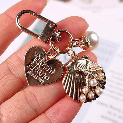 Womens Cute Key Rings Shell Heart Pearl Shape Keychain Charm Bag Hanger Pendants - Aimall