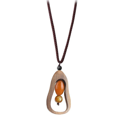 Ethnic Style Retro Long Sweater Chain Necklace with Wooden Pendant Fashion