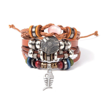 Turquoise Woven Leather Multi Layered Beaded Bracelet with Wood Beads Women