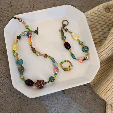 Colourful Ethnic Vintage Beaded Necklace Bracelet Ring Set Boho Jewelry Girl