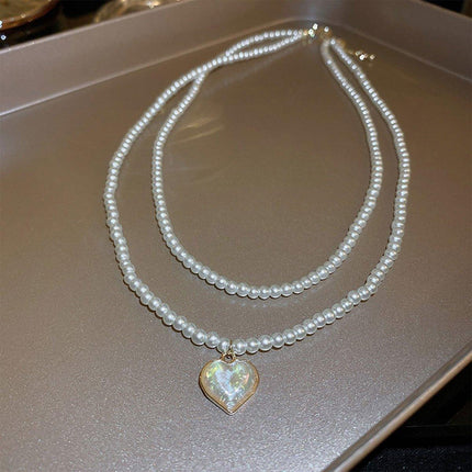 White Heart Pearl Double Layer Necklace Sweet Elegant Versatile Jewelry Gift