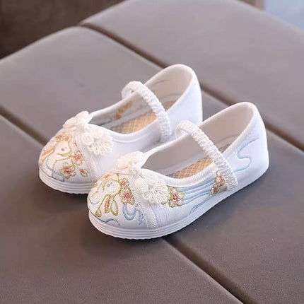 White Chinese Old Beijing Girl Child Embroidered Cloth Floral Shoes Hanfu Dance Shoes - Aimall