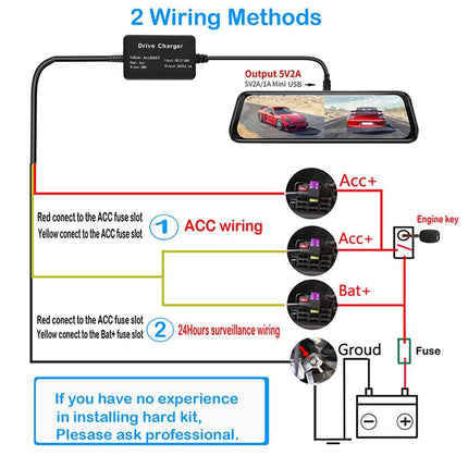 Retractable Dashcam Power Cord Video Streaming Media 24-Hour Car Parking Monitor
