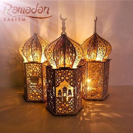 Eid Mubarak Muslim LED Night Light Ramadan Lamp Decor Lights Wooden Lantern - Aimall