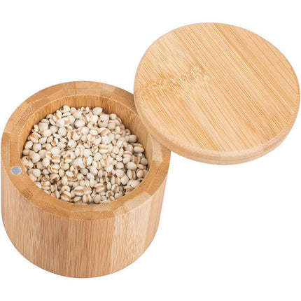 Bamboo Salt Box with Lid Mini Spoon Round Spice Storage Jar Kitchen Utensils Set