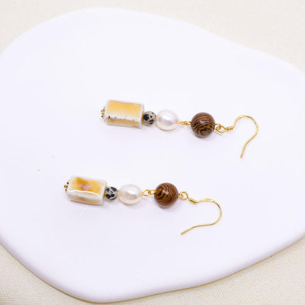 Ceramic Round Cake Earrings Wooden Bead Design Lightweight Jewellery for Women