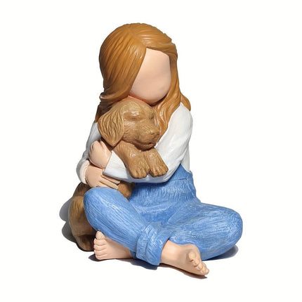 Little Girl Holding Dog Resin Figurine Cute Home Decoration Gift for Pet Lovers