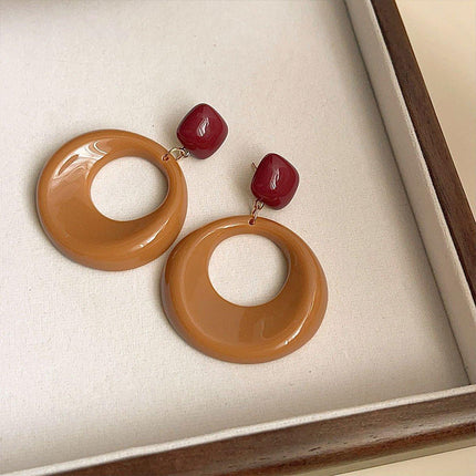 Vintage Caramel Large Circle Dangle Earrings Women Girls Retro Boho Fashion