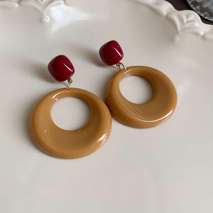 Vintage Caramel Large Circle Dangle Earrings Women Girls Retro Boho Fashion