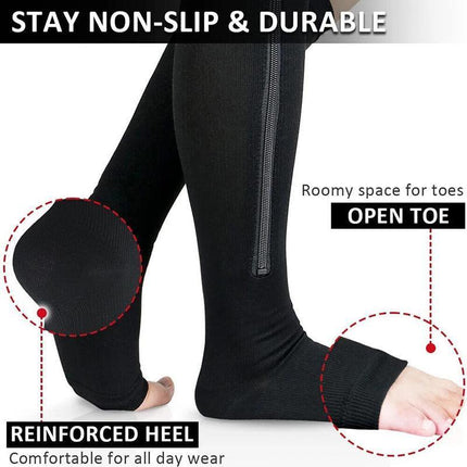 Zip Sox Compression Socks Zipper Leg Support Knee Open Toe Shaper Stockings Black - Aimall