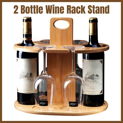 Wooden Wine Rack Free Standing 2Bottles with 4Glasses Holder Bamboo Wine Storage