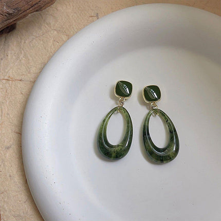 Retro Glossy Green Resin Earrings Women Fashion Round Dangle Jewelry Gift