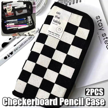 2PCS Student Checkerboard Pencil Bag Pencil Case Large Capacity Stationery Bags