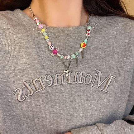 Cute Candy Heart Colourful Beaded Necklace Women Girls Trendy Fashion