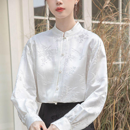 New Spring White Chinese Style Womens Top with Stand Collar Elegant Shirt