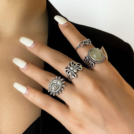 4pcs Butterfly Gem Ring Set Retro Sun Relief Rings Women Fashion Jewelry